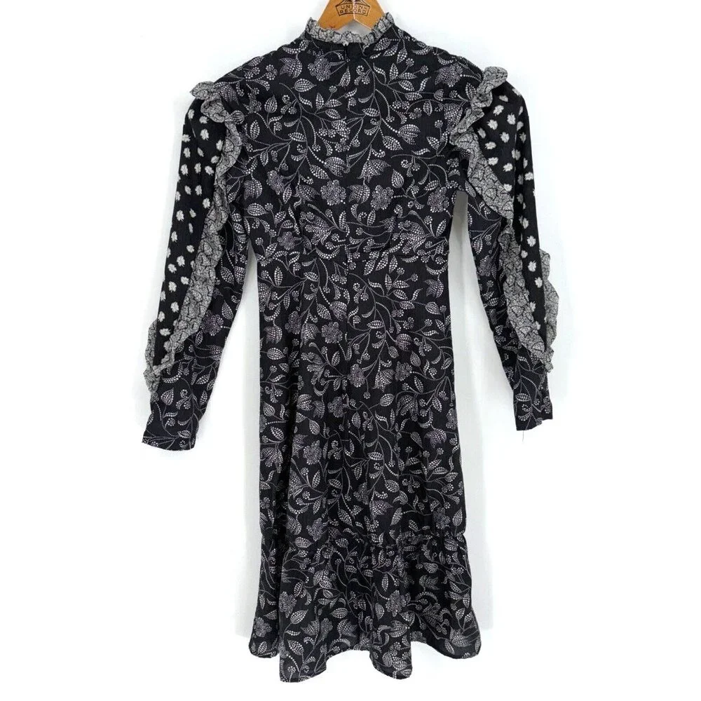 NWT Isabel Marant Etoile Black White Floral Dress Ruffles  Zip Long Sleeve Sz 36 - Picture 2 of 16